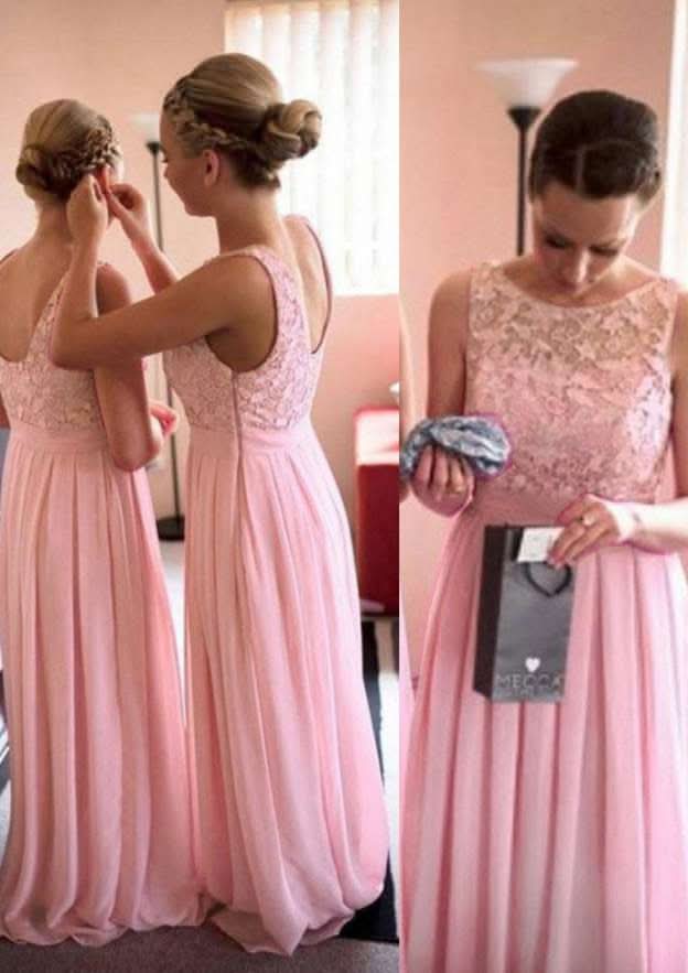 Floor-Length Chiffon Bridesmaid Dress, A-Line/Princess Cut, Bateau Neck, With Lace BM bride