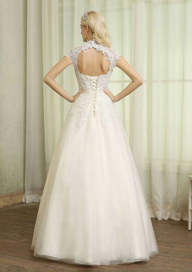 Lace High-Neck Tulle A-Line/Princess Wedding Dress with Long/Floor-Length Skirt BM bride