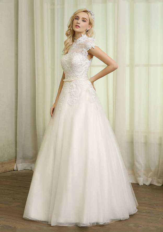 Lace High-Neck Tulle A-Line/Princess Wedding Dress with Long/Floor-Length Skirt BM bride