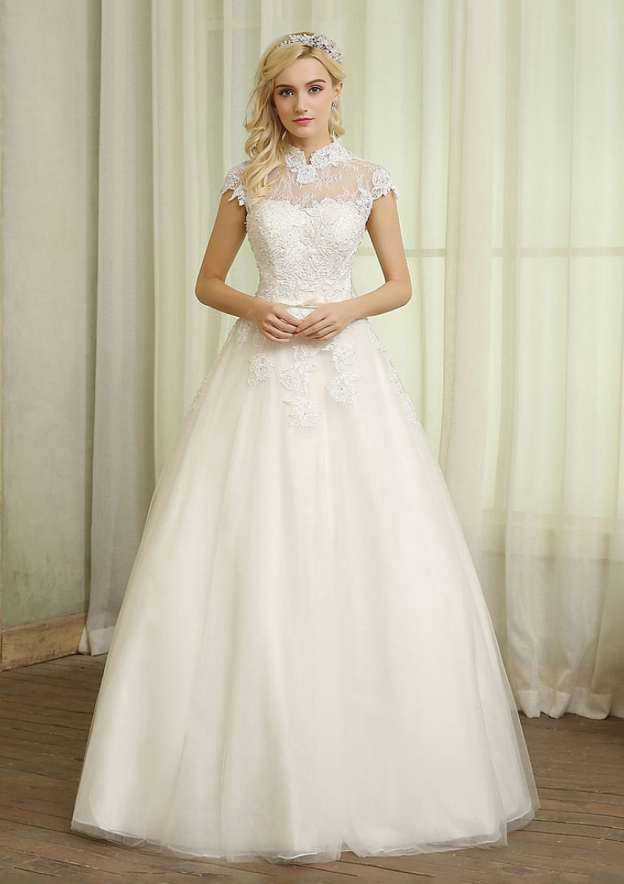 Lace High-Neck Tulle A-Line/Princess Wedding Dress with Long/Floor-Length Skirt BM bride