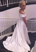 Elegant A-Line/Princess Elastic Satin Wedding Dress with Off-The-Shoulder Neckline and Court Train BM bride
