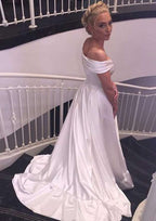 Elegant A-Line/Princess Elastic Satin Wedding Dress with Off-The-Shoulder Neckline and Court Train BM bride