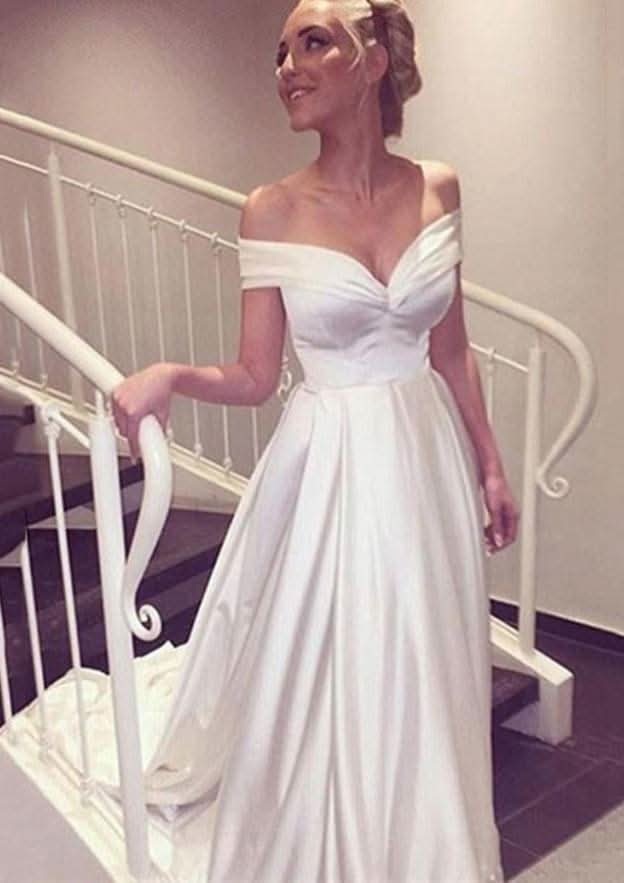 Elegant A-Line/Princess Elastic Satin Wedding Dress with Off-The-Shoulder Neckline and Court Train BM bride
