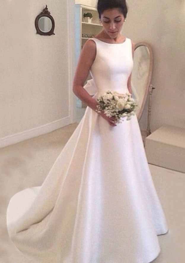 Classic Satin Court Train Wedding Dress: A-Line/Princess Style with Sleeveless Bateau Neck and Charming Bowknot BM bride