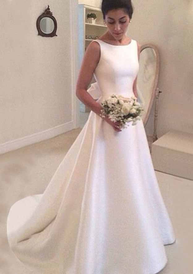 Classic Satin Court Train Wedding Dress: A-Line/Princess Style with Sleeveless Bateau Neck and Charming Bowknot BM bride