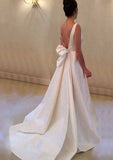 Classic Satin Court Train Wedding Dress: A-Line/Princess Style with Sleeveless Bateau Neck and Charming Bowknot BM bride