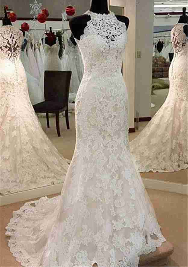 Graceful Lace Sheath/Column Wedding Dress with Scoop Neck and Sweep Train BM bride