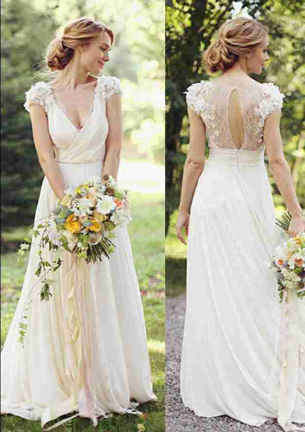 Flowers Beads Appliqued Lace A-Line/Princess Wedding Dress with Sleeveless V-Neck and Chiffon Sweep Train BM bride