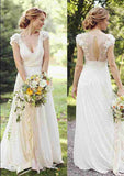 Flowers Beads Appliqued Lace A-Line/Princess Wedding Dress with Sleeveless V-Neck and Chiffon Sweep Train BM bride