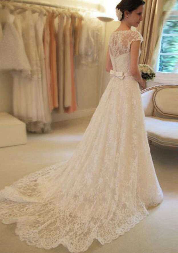 Beautiful A-Line/Princess Scoop Neck Chapel Train Lace Wedding Dress with Waistband Detail BM bride