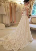 Beautiful A-Line/Princess Scoop Neck Chapel Train Lace Wedding Dress with Waistband Detail BM bride