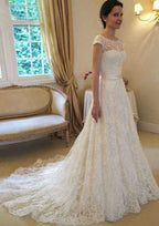 Beautiful A-Line/Princess Scoop Neck Chapel Train Lace Wedding Dress with Waistband Detail BM bride