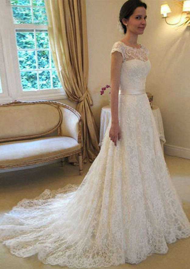 Beautiful A-Line/Princess Scoop Neck Chapel Train Lace Wedding Dress with Waistband Detail BM bride
