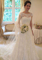 Beautiful A-Line/Princess Scoop Neck Chapel Train Lace Wedding Dress with Waistband Detail BM bride