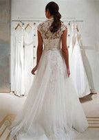 Timeless Scalloped Neck Lace A-Line/Princess Wedding Dress with Long/Floor-Length Tulle Skirt BM bride