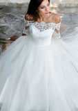 Elegant Tulle Wedding Dress: A-Line/Princess Off-the-Shoulder Ankle-Length with Lace Accents BM bride