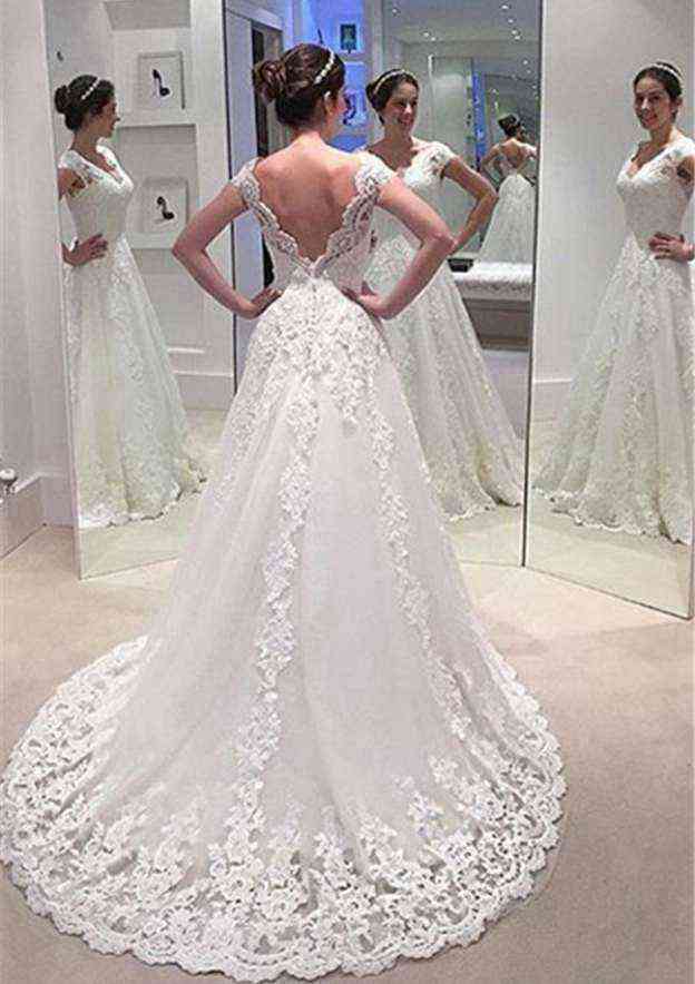 Appliqued Lace Trumpet/Mermaid Wedding Dress with Sweep Train, Sleeveless V-Neck, and Covered Button Closure BM bride