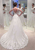 Appliqued Lace Trumpet/Mermaid Wedding Dress with Sweep Train, Sleeveless V-Neck, and Covered Button Closure BM bride