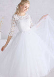 Chic Lace Bateau Tulle A-Line/Princess Wedding Dress with Tea-Length Skirt BM bride