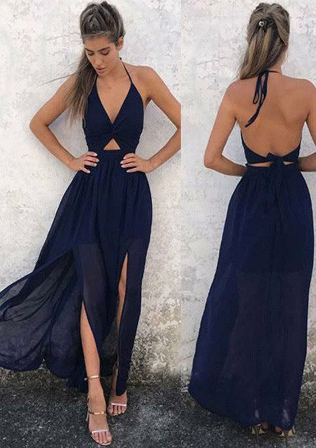 Gorgeous A-Line Halter Sleeveless Ankle-Length Chiffon Prom Dress With Split BM bride