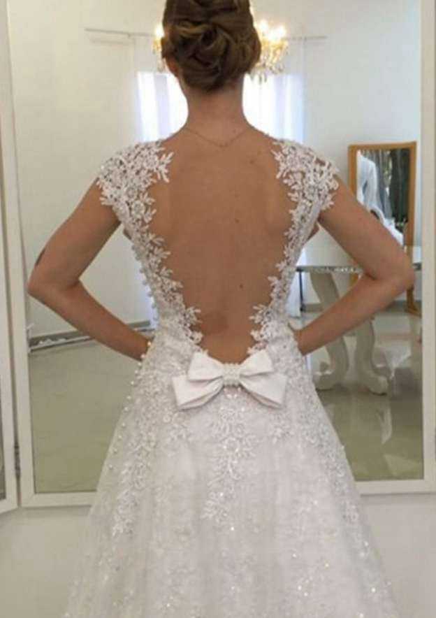 Bowknot Appliqued Lace A-Line/Princess Wedding Dress with Sleeveless Sweetheart Neckline and Long/Floor-Length Skirt BM bride