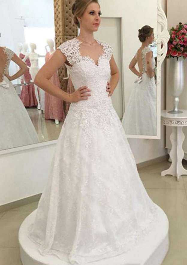 Bowknot Appliqued Lace A-Line/Princess Wedding Dress with Sleeveless Sweetheart Neckline and Long/Floor-Length Skirt BM bride