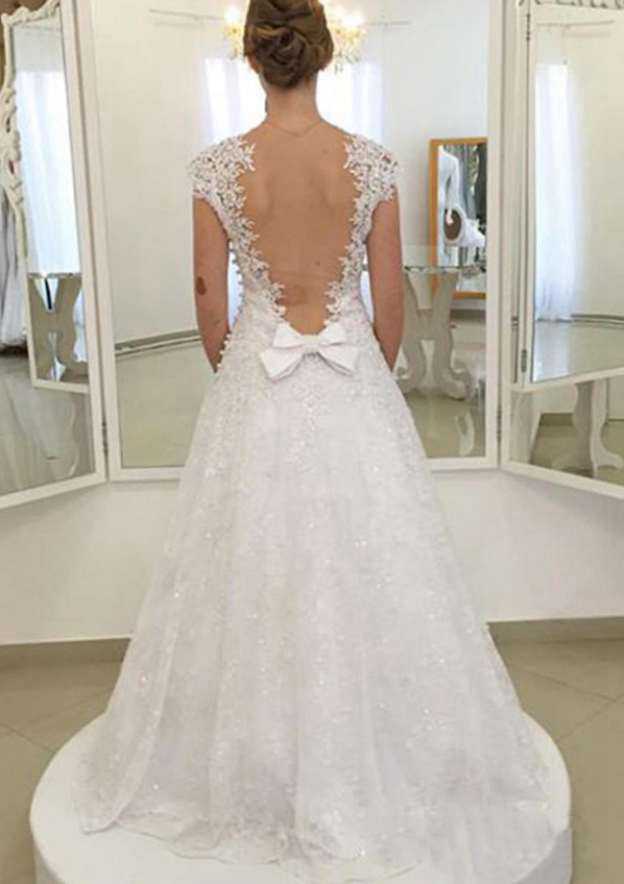 Bowknot Appliqued Lace A-Line/Princess Wedding Dress with Sleeveless Sweetheart Neckline and Long/Floor-Length Skirt BM bride