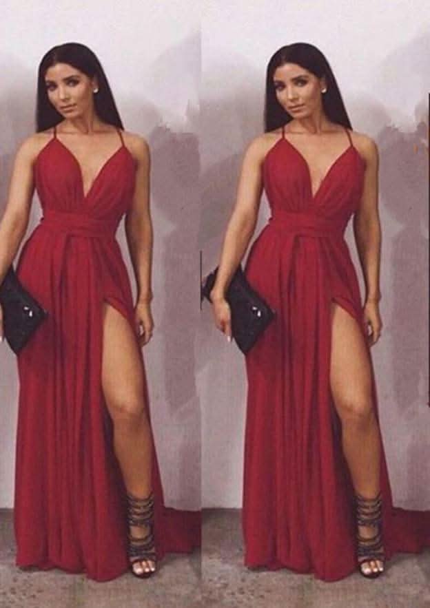 Stylish A-Line V-Neck Sleeveless Floor-Length Chiffon Prom Dress With Split BM bride