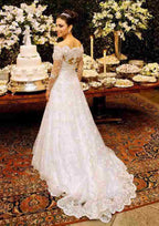 Chic Off-The-Shoulder Lace A-Line/Princess Wedding Dress with Court Train BM bride