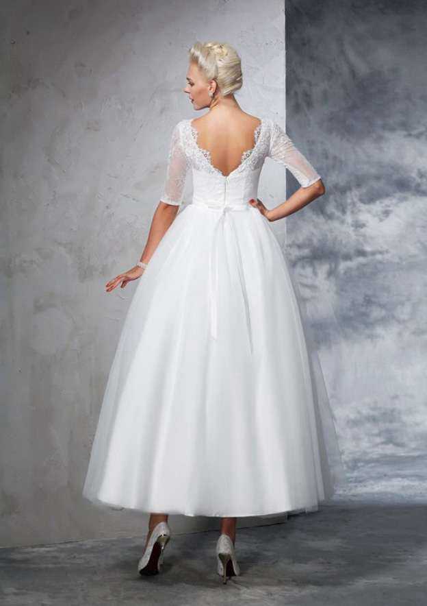 Sophisticated Lace Bateau Tulle Ball Gown Ankle-Length Wedding Dress BM bride