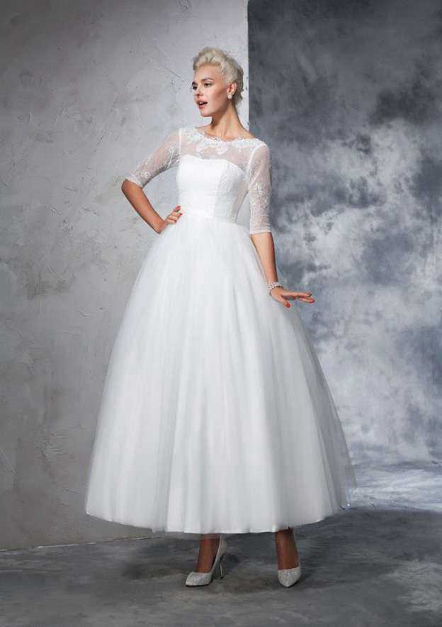 Sophisticated Lace Bateau Tulle Ball Gown Ankle-Length Wedding Dress BM bride