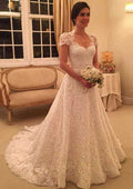 Classic Scalloped Neck Court Train Lace A-Line Wedding Dress BM bride