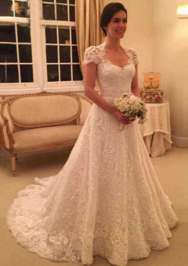 Classic Scalloped Neck Court Train Lace A-Line Wedding Dress BM bride