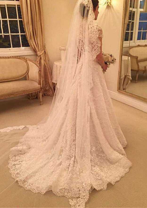 Classic Scalloped Neck Court Train Lace A-Line Wedding Dress BM bride