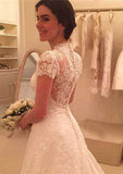 Classic Scalloped Neck Court Train Lace A-Line Wedding Dress BM bride