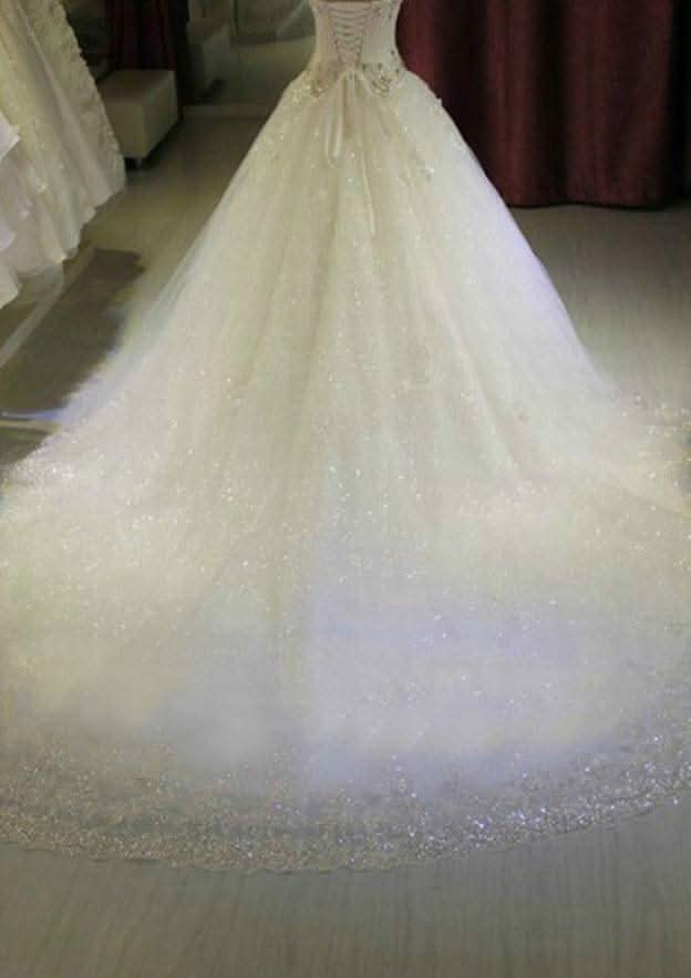 Elegant Beaded Lace A-Line/Princess Strapless Chapel Train Wedding Dress BM bride