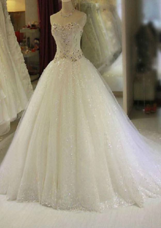 Elegant Beaded Lace A-Line/Princess Strapless Chapel Train Wedding Dress BM bride