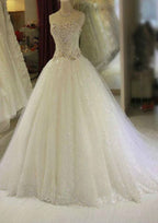 Elegant Beaded Lace A-Line/Princess Strapless Chapel Train Wedding Dress BM bride
