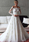 Lace Off-The-Shoulder Tulle A-Line/Princess Wedding Dress with Court Train BM bride