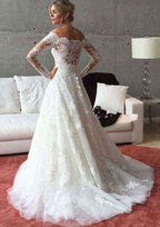 Lace Off-The-Shoulder Tulle A-Line/Princess Wedding Dress with Court Train BM bride
