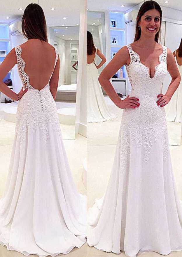 Scalloped Neck Sleeveless Sheath/Column Wedding Dress with Sweep Train and Chiffon Fabric BM bride