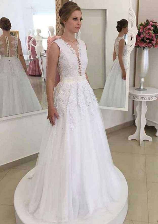 Chic Appliqued Tulle A-Line/Princess Sleeveless V-Neck Wedding Dress with Long/Floor-Length Skirt BM bride