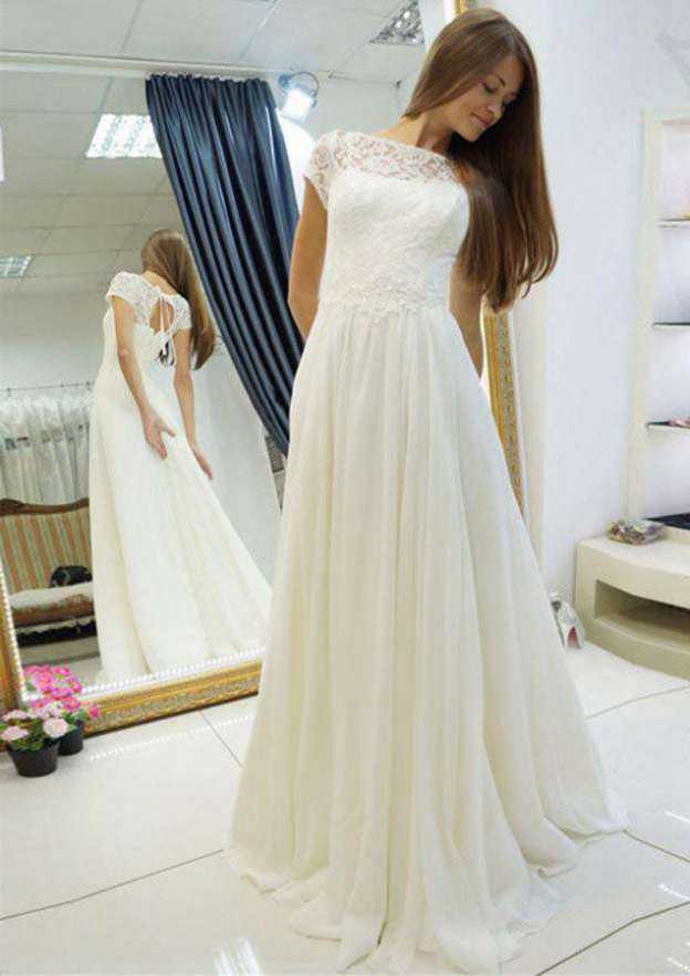 Graceful Lace Bateau Chiffon A-Line/Princess Long/Floor-Length Wedding Dress BM bride