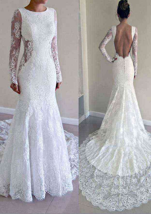 Bateau Neckline Court Train Lace Sheath/Column Wedding Dress BM bride
