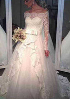 Appliqued Waistband Off-The-Shoulder Full/Long Sleeve Tulle A-Line/Princess Wedding Dress with Sweep Train and Zipper Closure BM bride