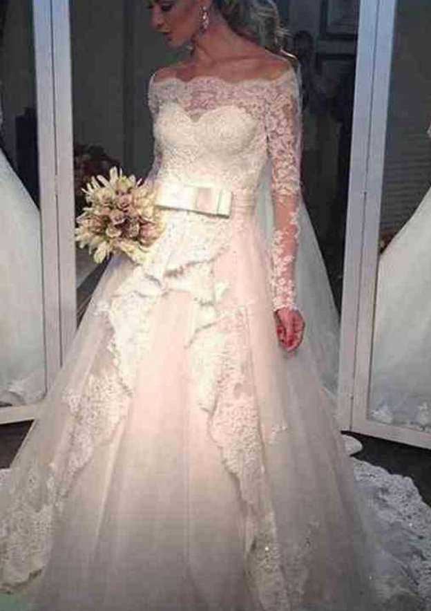 Appliqued Waistband Off-The-Shoulder Full/Long Sleeve Tulle A-Line/Princess Wedding Dress with Sweep Train and Zipper Closure BM bride