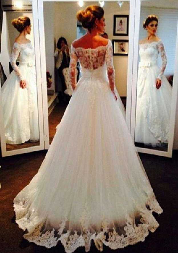 Appliqued Waistband Off-The-Shoulder Full/Long Sleeve Tulle A-Line/Princess Wedding Dress with Sweep Train and Zipper Closure BM bride