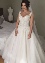 Charming Tulle Long Floor-Length Ball Gown Wedding Dress with Sleeveless V-Neck and Covered Button, Featuring Appliqued Details BM bride