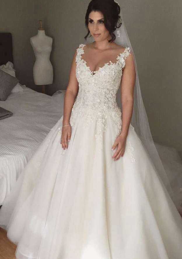 Charming Tulle Long Floor-Length Ball Gown Wedding Dress with Sleeveless V-Neck and Covered Button, Featuring Appliqued Details BM bride