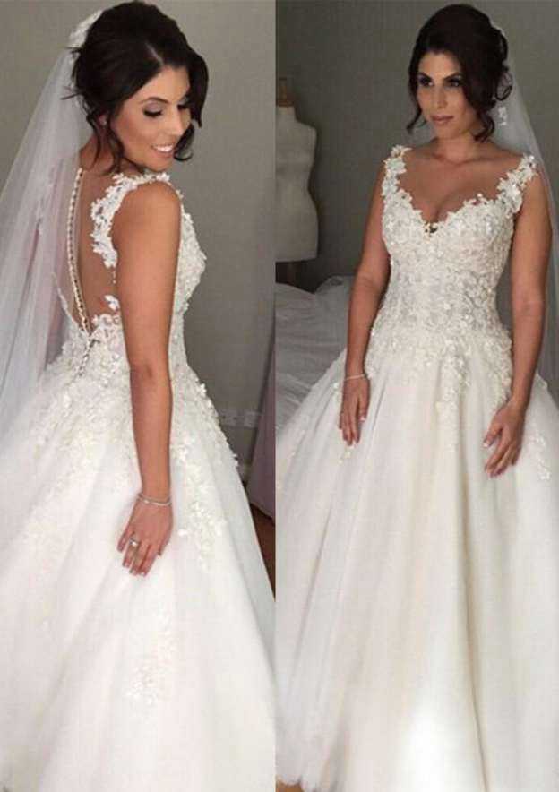 Charming Tulle Long Floor-Length Ball Gown Wedding Dress with Sleeveless V-Neck and Covered Button, Featuring Applique Details BM bride